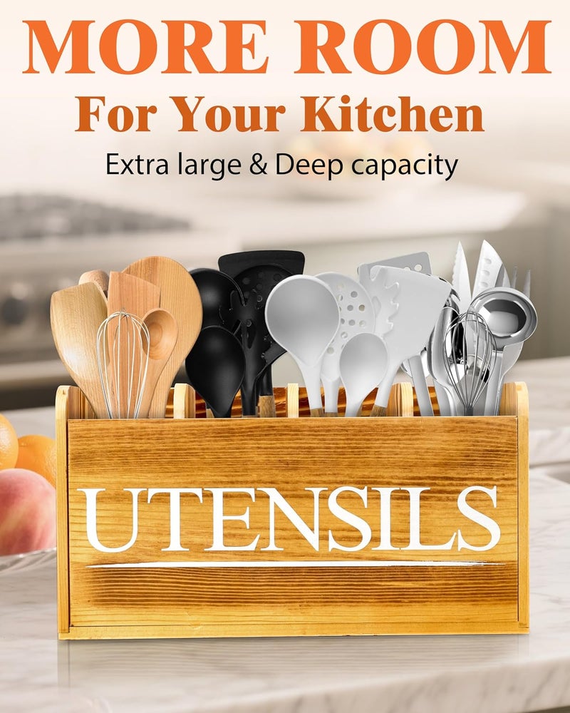 brekle Kitchen Utensil Holder for Kitchen Counter Large Wooden Organizer for Cooking Utensils Utensil Holder Counter Farmhouse Décor (Farmhouse Wooden) - Image 2